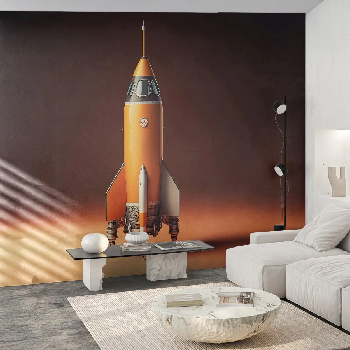 Fototapete Premium Sand - Orangefarbene Rakete auf braunem Hintergrund im Retro-Stil - 100x70cm - Es beginnt mit einem Traum - Moderne Wanddekoration für Wohnzimmer und Schlafzimmer ARTTOR