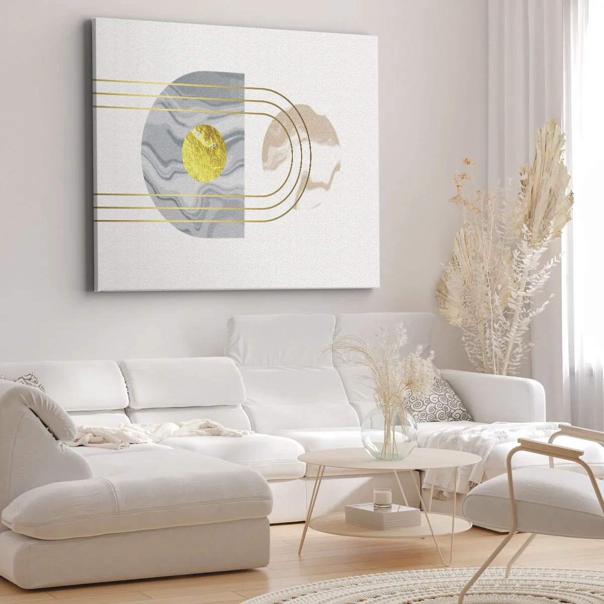 Bild auf Leinwand - Leinwandbild - Abstrakte Komposition mit Kreisen und goldenen Linien auf hellem Hintergrund. - 70x50cm - Helligkeit und Brillanz - Moderne Wanddekoration für Wohnzimmer und Schlafzimmer ARTTOR