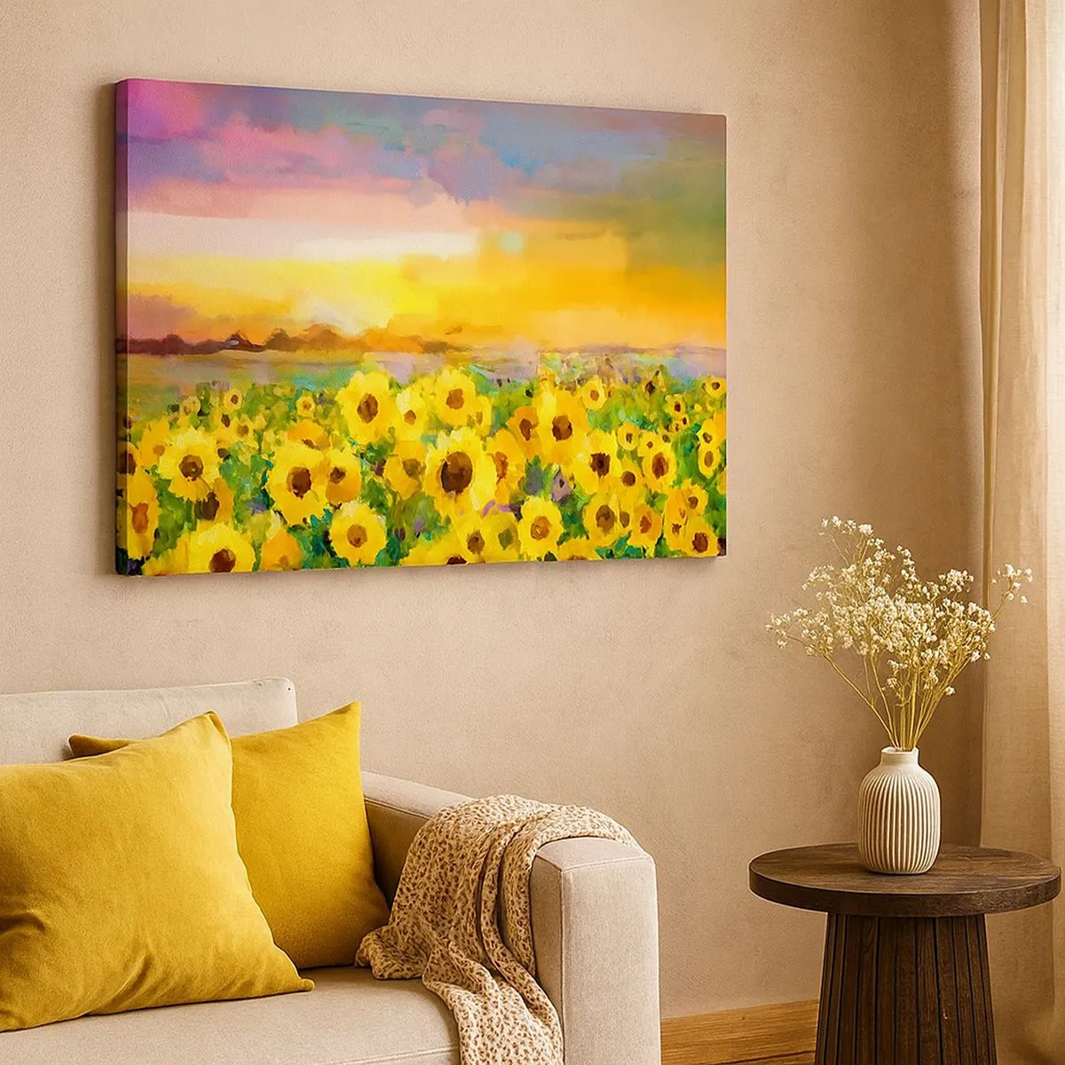 Bild auf Leinwand - Leinwandbild - Ein Sonnenblumenfeld im Licht der untergehenden Sonne - 70x50cm - Die Sonne selbst ist auf die Erde herabgestiegen - Moderne Wanddekoration für Wohnzimmer und Schlafzimmer ARTTOR