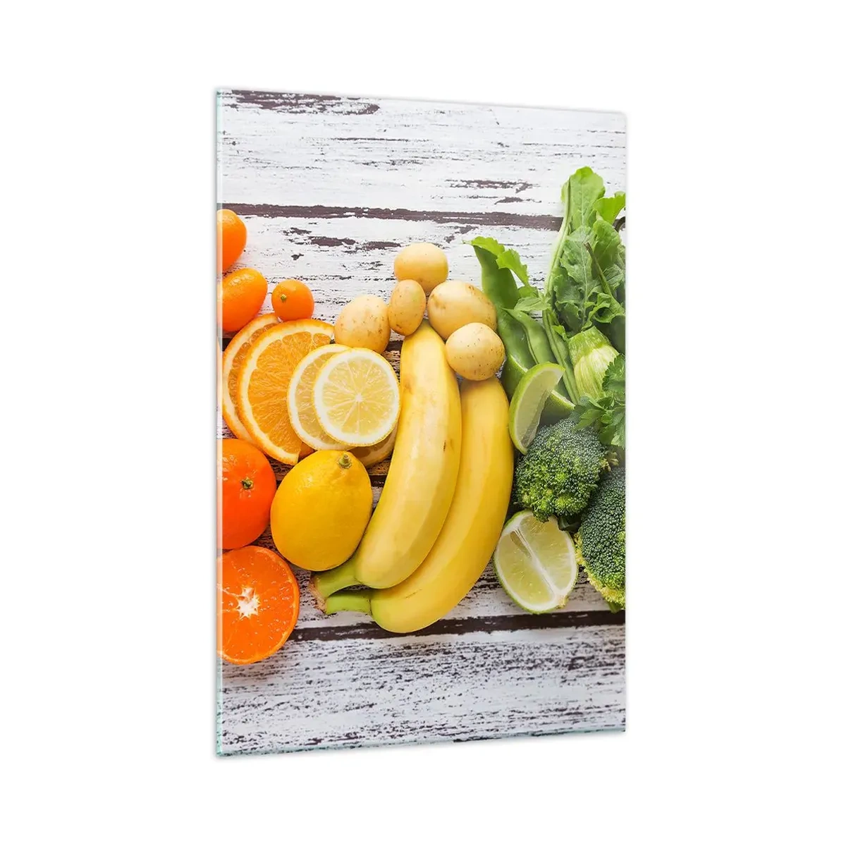 Glasbild - Bild auf glas - Buntes Obst und Gemüse auf einem hölzernen Hintergrund - 80x120cm - Es ist nicht genug? - Moderne Wanddekoration für Wohnzimmer und Schlafzimmer ARTTOR