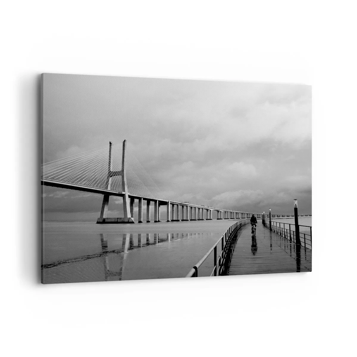 Bild auf Leinwand - Leinwandbild - Eine Hängebrücke über dem Wasser in Schwarz und Weiß - 100x70cm - Jedem das Verdiente - Moderne Wanddekoration für Wohnzimmer und Schlafzimmer ARTTOR