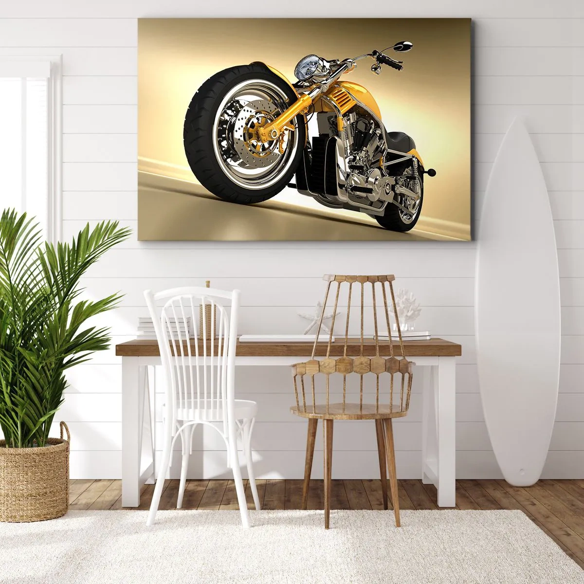 Bild auf Leinwand - Leinwandbild - Ein gelbes Motorrad im Chopper-Stil vor einer beigen Wand - 70x50cm - Ein Traum von Kraft und Geschwindigkeit - Moderne Wanddekoration für Wohnzimmer und Schlafzimmer ARTTOR
