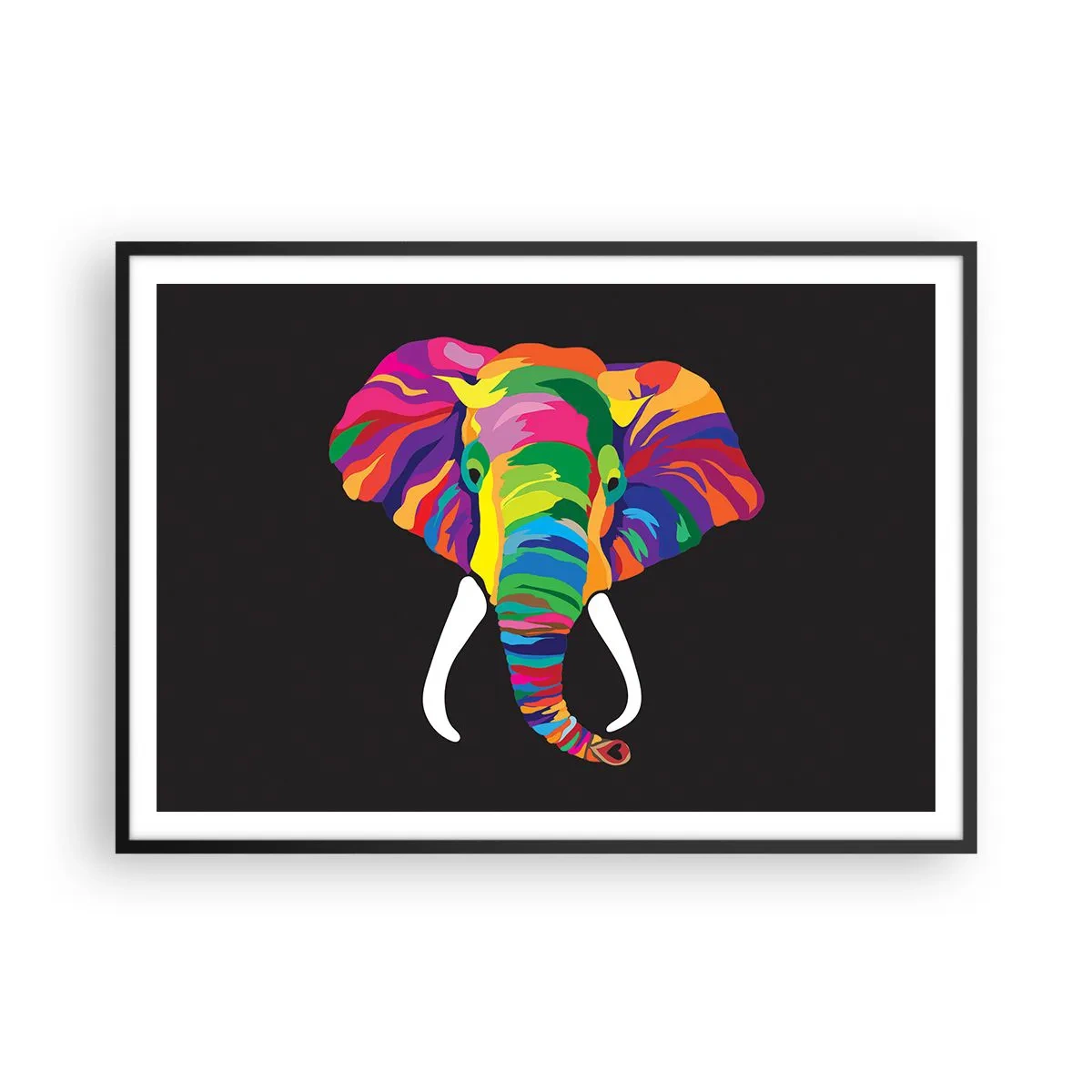 Poster in einem schwarzem Rahmen - Ein buntes Bild eines Elefanten auf schwarzem Hintergrund - 100x70cm - Der Elefant, der es liebte, im Regenbogen zu baden - Moderne Wanddekoration für Wohnzimmer und Schlafzimmer ARTTOR