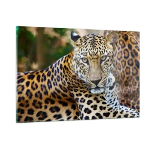 Glasbild - Bild auf glas - Ein wilder Leopard ruht im Grünen - 120x80cm - Wild und ruhig - Moderne Wanddekoration für Wohnzimmer und Schlafzimmer ARTTOR