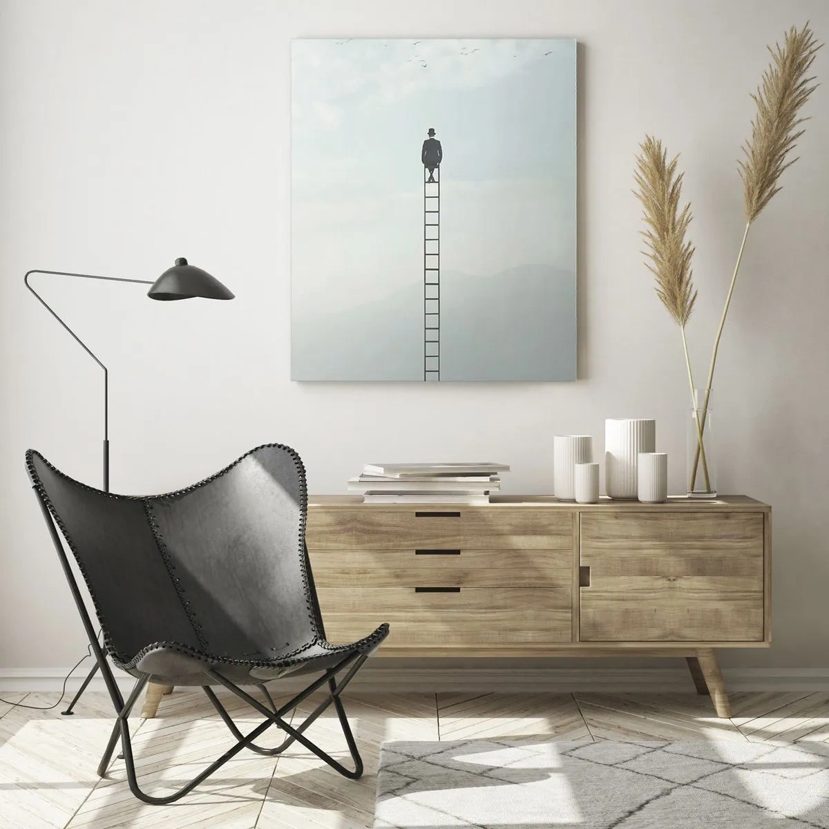 Glasbild - Bild auf glas - Ein Mann auf einer Leiter, die in den Himmel ragt - 70x100cm - Erhebe dich darüber! - Moderne Wanddekoration für Wohnzimmer und Schlafzimmer ARTTOR