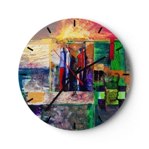 Wanduhr - Glasuhr - Ein abstraktes Gemälde mit Figuren in intensiven Farben. - 30x30cm - Beziehungen und Emotionen - Moderne Wanddekoration für Wohnzimmer, Küche und Schlafzimmer ARTTOR