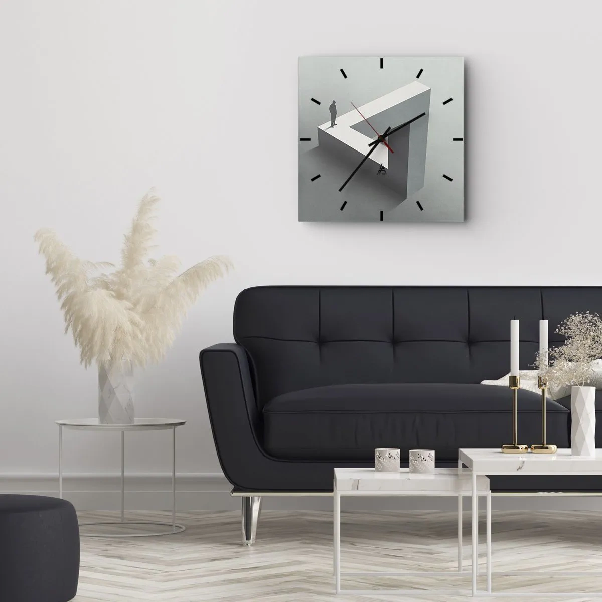 Wanduhr - Glasuhr - Eine Figur, die auf einem Penrose-Dreieck in Grautönen steht. - 30x30cm - Es ist also doch möglich - Moderne Wanddekoration für Wohnzimmer und Schlafzimmer ARTTOR