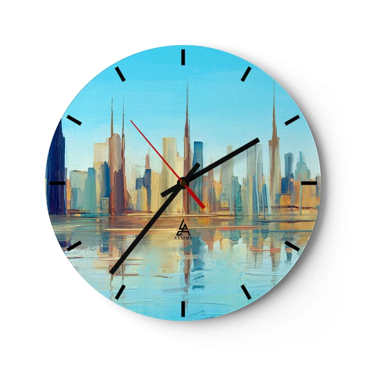 Wanduhr - Glasuhr - Das Stadtpanorama spiegelt sich in hellen Tönen im Wasser - 30x30cm - Sonnige Metropole - Moderne Wanddekoration für Wohnzimmer, Küche und Schlafzimmer ARTTOR