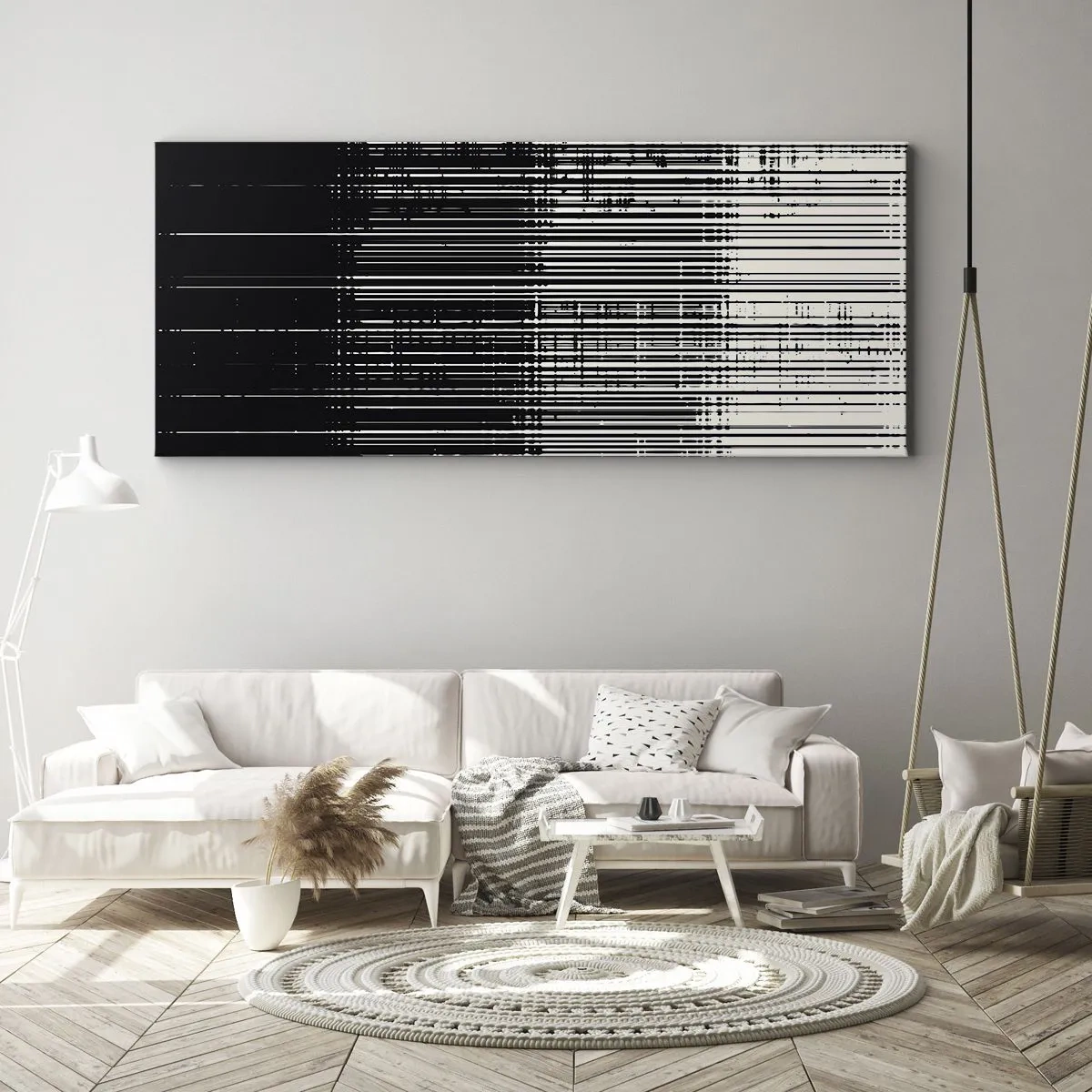 Bild auf Leinwand - Leinwandbild - Abstrakte Linienkomposition in kontrastierendem Schwarz und Weiß - 120x50cm - Wellen und Vibrationen - Moderne Wanddekoration für Wohnzimmer und Schlafzimmer ARTTOR