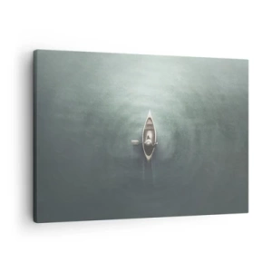 Bild auf Leinwand - Leinwandbild - Ein einsames Boot auf ruhigem Wasser in minimalistischer Umgebung - 70x50cm - Durch den Mondsee - Moderne Wanddekoration für Wohnzimmer und Schlafzimmer ARTTOR