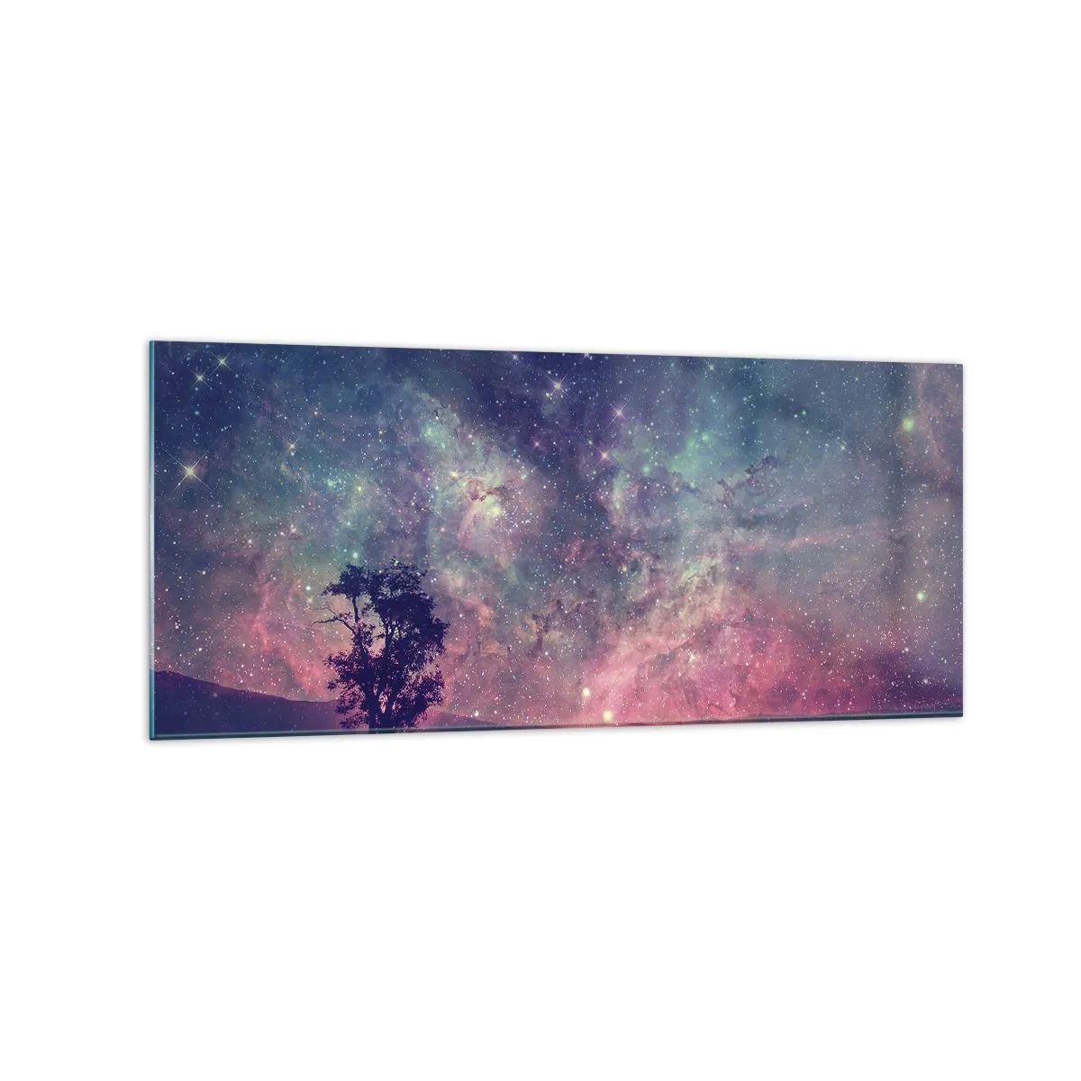 Glasbild - Bild auf glas - Ein Baum vor einem Sternenhimmel in violetten und blauen Farben - 120x50cm - Unter dem magischen Himmel - Moderne Wanddekoration für Wohnzimmer und Schlafzimmer ARTTOR