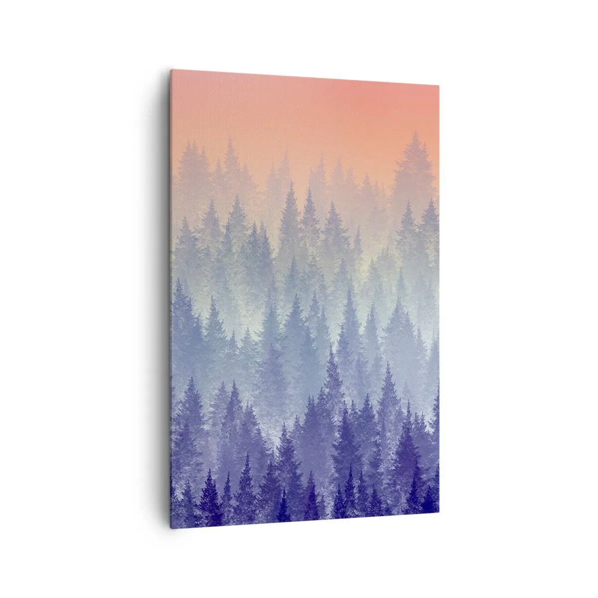 Bild auf Leinwand - Leinwandbild - Ein nebliger Wald in Lila- und Orangetönen - 80x120cm - Hoch, höher, zum Himmel - Moderne Wanddekoration für Wohnzimmer und Schlafzimmer ARTTOR