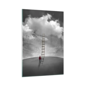 Glasbild - Bild auf glas - Eine Person in einem roten Mantel und eine Leiter, die zu einer Wolke führt - 80x120cm - Alles ist möglich - Moderne Wanddekoration für Wohnzimmer und Schlafzimmer ARTTOR