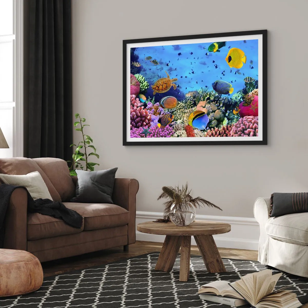Poster in einem schwarzem Rahmen - Korallenriff mit bunten Fischen und einer Meeresschildkröte - 100x70cm - Und was wissen wir über das Leben ... - Moderne Wanddekoration für Wohnzimmer und Schlafzimmer ARTTOR