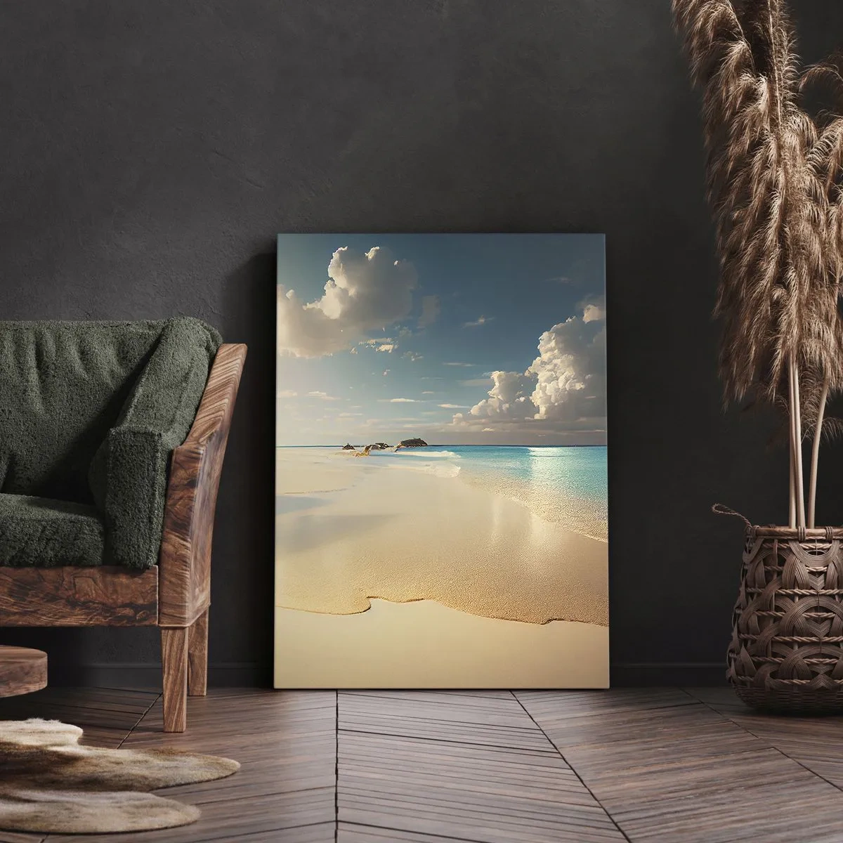 Bild auf Leinwand - Leinwandbild - Ein sonniger Strand mit blauem Meer und Felsen - 70x100cm - Erträumter Tag - Moderne Wanddekoration für Wohnzimmer und Schlafzimmer ARTTOR