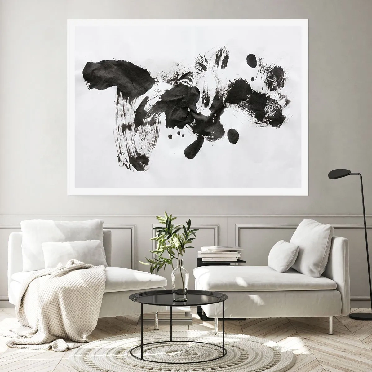 Poster - Abstrakte Komposition aus schwarzen Flecken auf weißem Hintergrund - 100x70cm - Obwohl das Wahnsinn ist, steckt darin eine Methode? - Moderne Wanddekoration für Wohnzimmer und Schlafzimmer ARTTOR