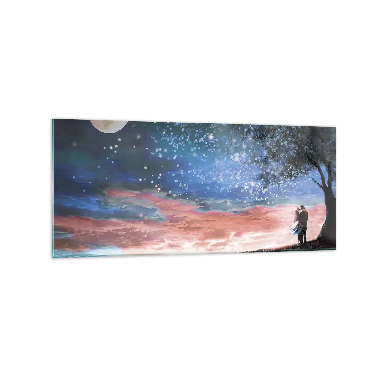 Glasbild - Bild auf glas - Romantische Paarszene unter Vollmond - 120x50cm - Ein sternenklares Spektakel - Moderne Wanddekoration für Wohnzimmer und Schlafzimmer ARTTOR
