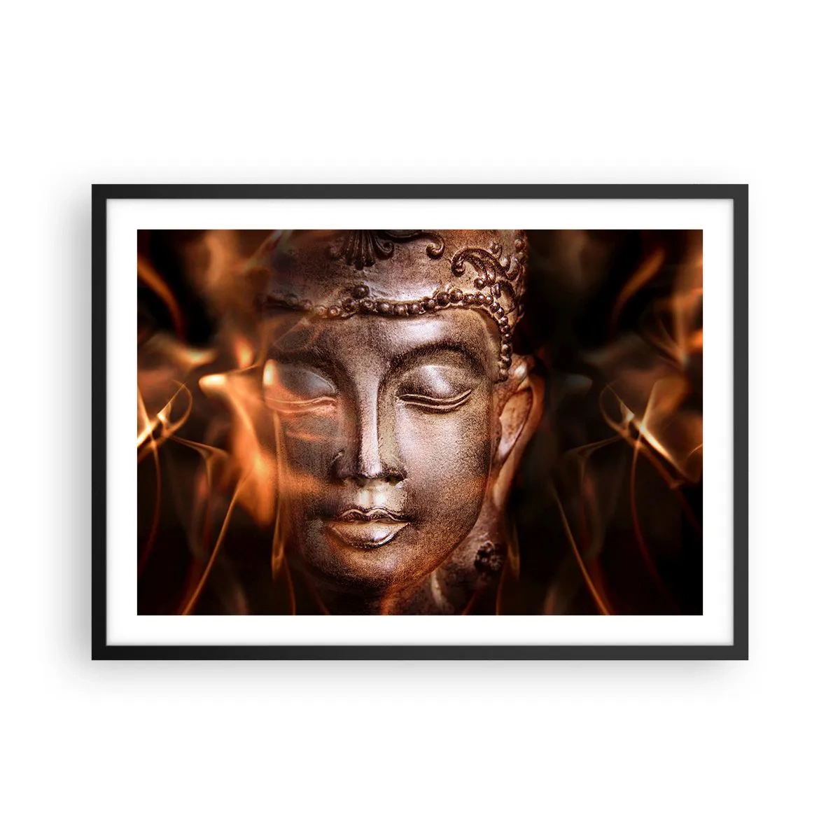 Poster in einem schwarzem Rahmen - Eine Buddha-Statue inmitten von Flammen in goldenen Farbtönen - 70x50cm - Es existiert nur hier und jetzt - Moderne Wanddekoration für Wohnzimmer und Schlafzimmer ARTTOR