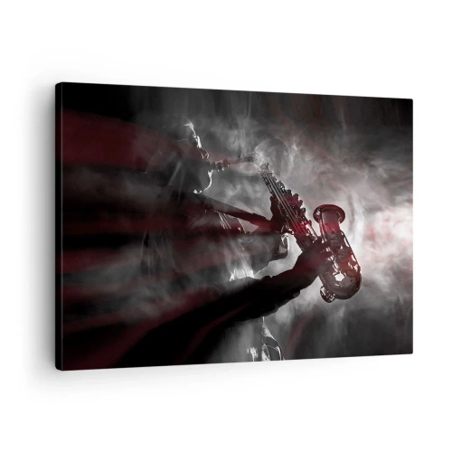 Bild auf Leinwand - Leinwandbild - Saxophonist im Rauch auf der Bühne in stimmungsvollem Schwarz und Rot - 70x50cm - In den Dämpfen des Jazz - Moderne Wanddekoration für Wohnzimmer und Schlafzimmer ARTTOR