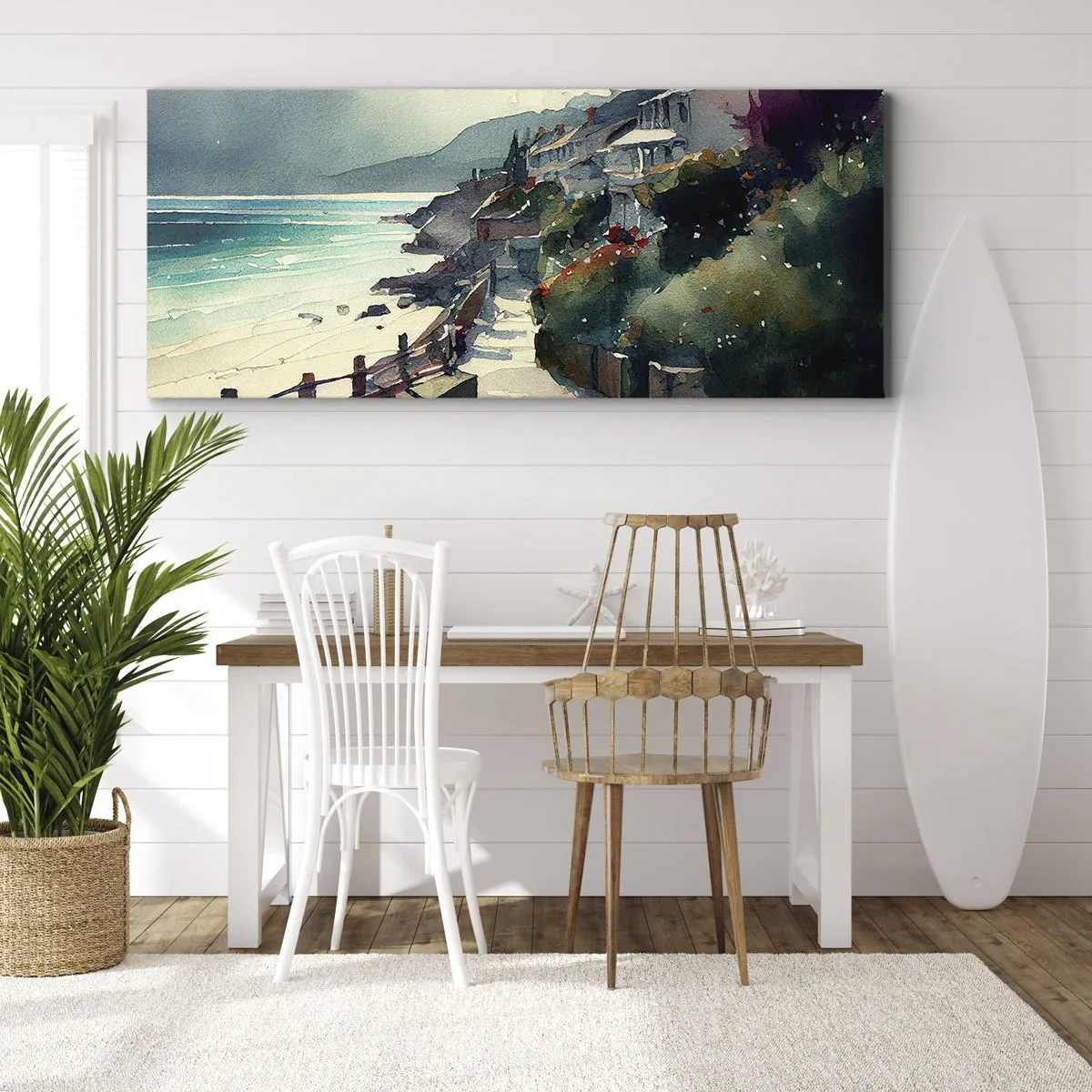 Bild auf Leinwand - Leinwandbild - Strandpromenade mit Häusern und Vegetation - 160x50cm - Mittelmeerstadt - Moderne Wanddekoration für Wohnzimmer und Schlafzimmer ARTTOR