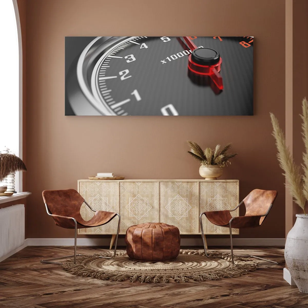 Bild auf Leinwand - Leinwandbild - Nahaufnahme des Drehzahlmessers mit der roten Nadel - 120x50cm - Vollgas! - Moderne Wanddekoration für Wohnzimmer und Schlafzimmer ARTTOR