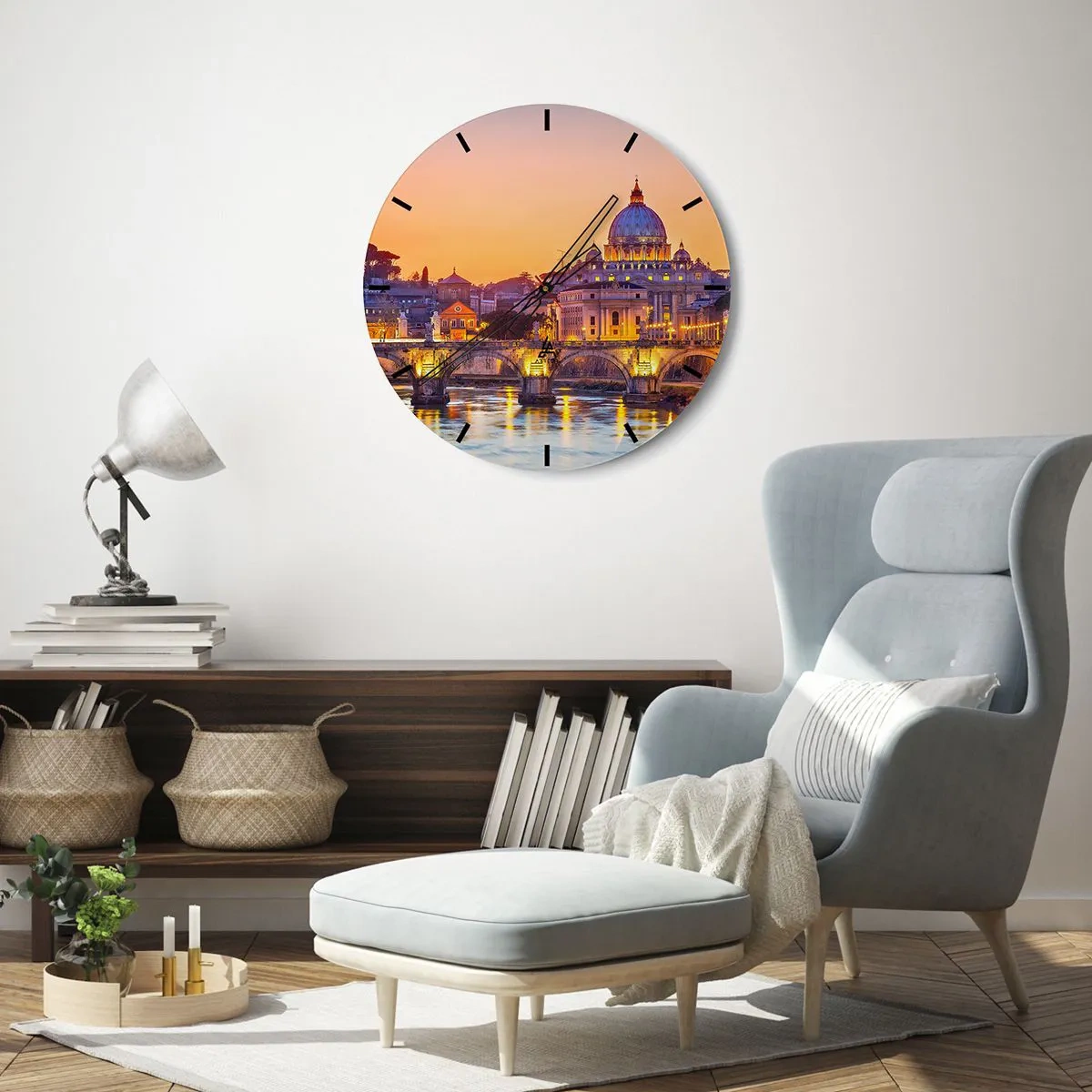 Wanduhr - Glasuhr - Panorama von Rom mit dem Petersdom bei Sonnenuntergang - 30x30cm - Sonnenuntergang über der ewigen Stadt - Moderne Wanddekoration für Wohnzimmer, Küche und Schlafzimmer ARTTOR