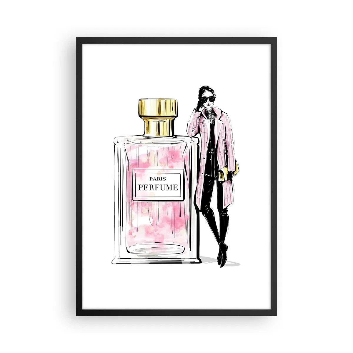 Poster in einem schwarzem Rahmen - Ein eleganter Parfümflakon mit der Silhouette einer stilvollen Frau - 50x70cm - Pariser Sinnlichkeit - Moderne Wanddekoration für Wohnzimmer und Schlafzimmer ARTTOR