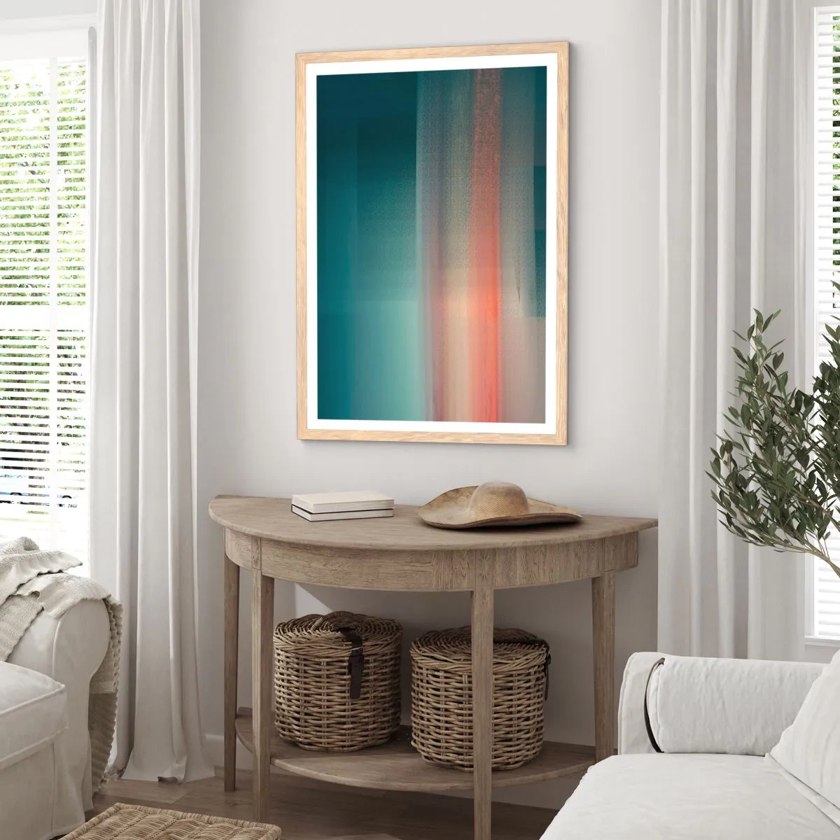 Poster in einem Rahmen aus heller Eiche - Abstraktion: Lichtwellen - 40x50 cm