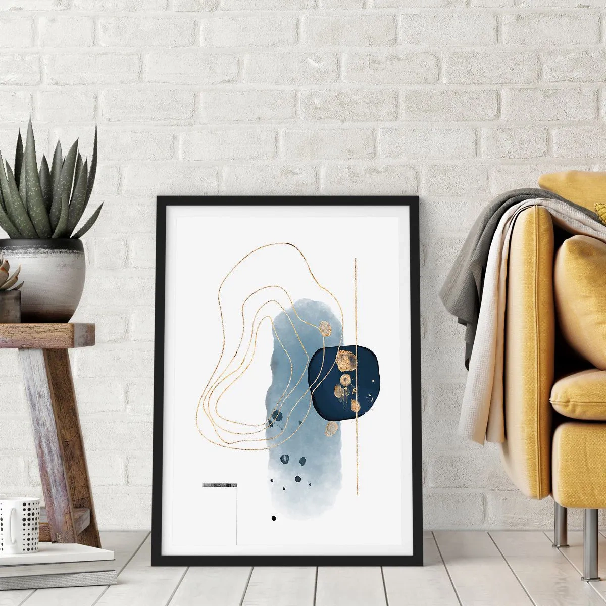 Poster in einem schwarzem Rahmen - Eine moderne abstrakte Komposition in Blau- und Goldtönen. - 50x70cm - Blau-goldene Fantasie - Moderne Wanddekoration für Wohnzimmer und Schlafzimmer ARTTOR