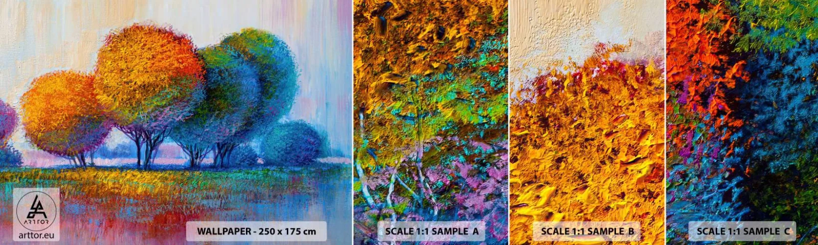 Fototapeten Muster Selbstklebend Deluxe Sticker - Ein Haufen leuchtender Farben - Abstraktion, Landschaft, Bäume - 100x30 cm