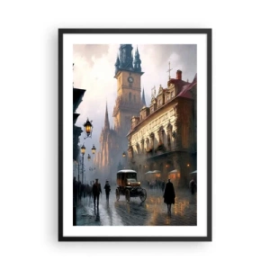 Poster in einem schwarzem Rahmen - Historische Stadt in der Abenddämmerung mit einem historischen Fahrzeug - 50x70cm - Charme eines Prager Abends - Moderne Wanddekoration für Wohnzimmer und Schlafzimmer ARTTOR