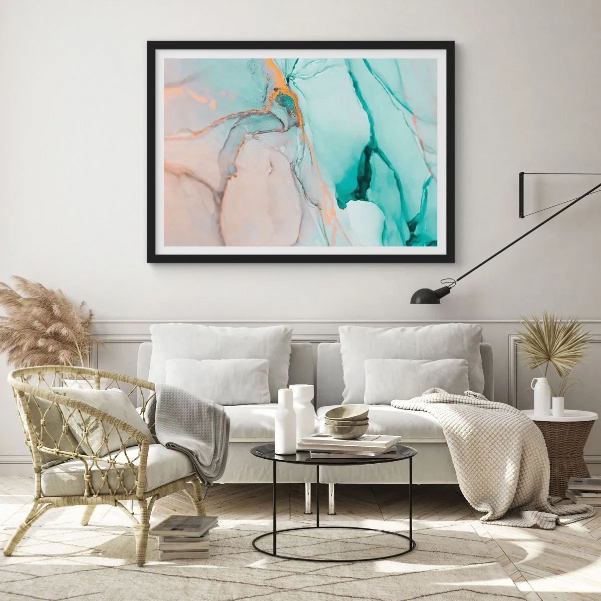 Poster in einem schwarzem Rahmen - Eine abstrakte Komposition in Türkis- und Goldtönen. - 70x50cm - Ein Tanz der Formen und Farben - Moderne Wanddekoration für Wohnzimmer und Schlafzimmer ARTTOR