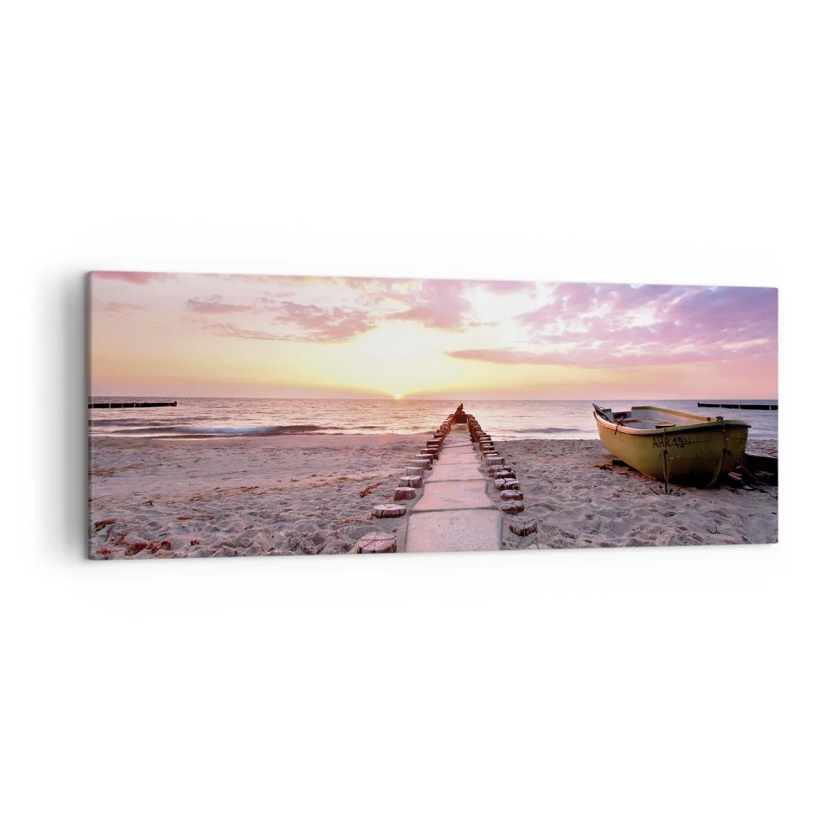 Bild auf Leinwand - Leinwandbild - Sunrise Beach mit Boot und Pier - 140x50cm - Ein Moment tiefer Erfahrung - Moderne Wanddekoration für Wohnzimmer und Schlafzimmer ARTTOR