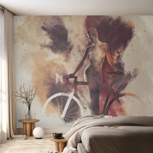 Fototapete Premium Sand - Silhouette einer Frau mit einem Fahrrad in einer künstlerischen Komposition - 100x70cm - Eine Fahrradseele in Marmorformen - Moderne Wanddekoration für Wohnzimmer und Schlafzimmer ARTTOR