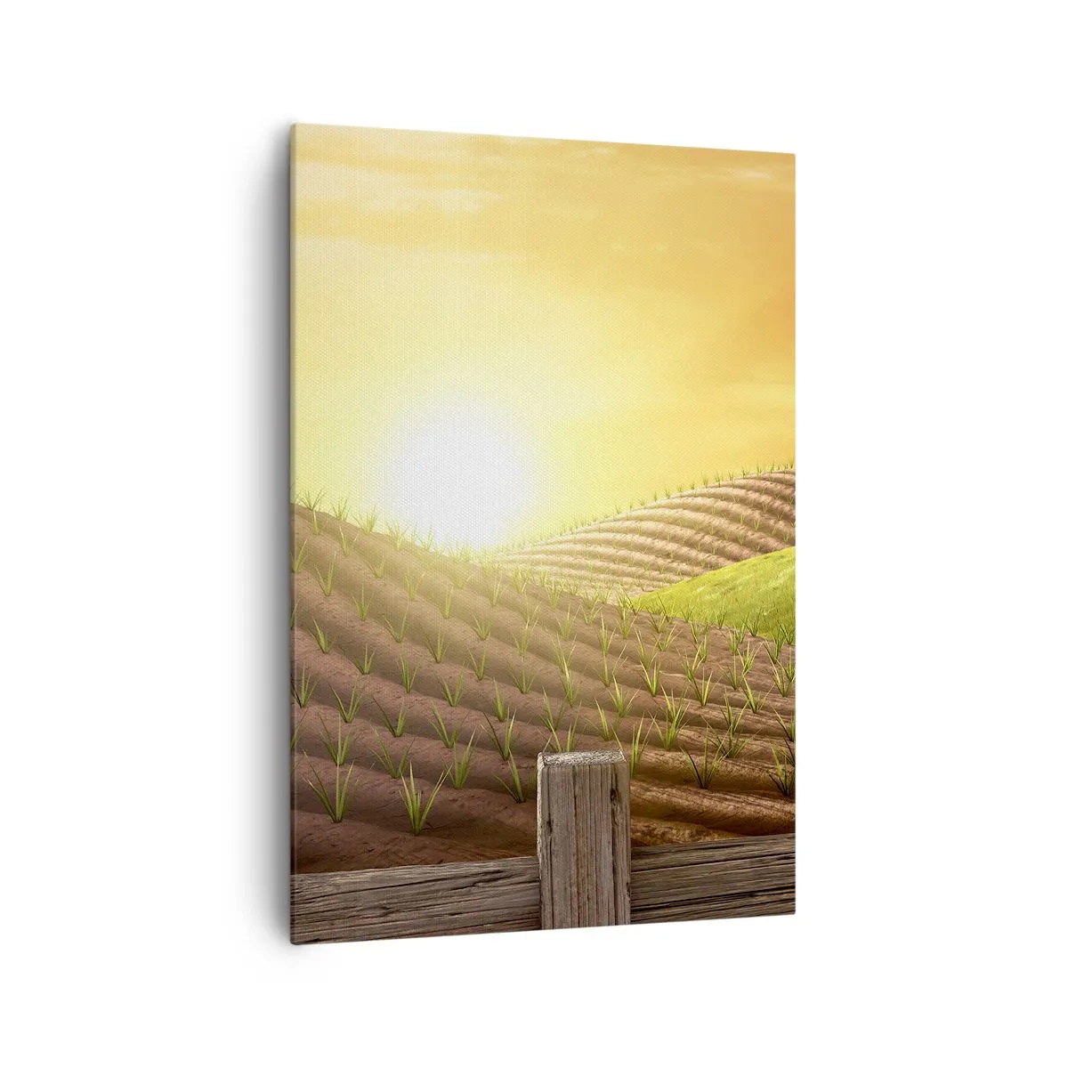 Bild auf Leinwand - Leinwandbild - Ländliche Landschaft mit einer roten Scheune, Traktor und Sonnenaufgang - 70x100cm - Ein Bauernhof wie aus einem Märchen - Moderne Wanddekoration für Wohnzimmer und Schlafzimmer ARTTOR