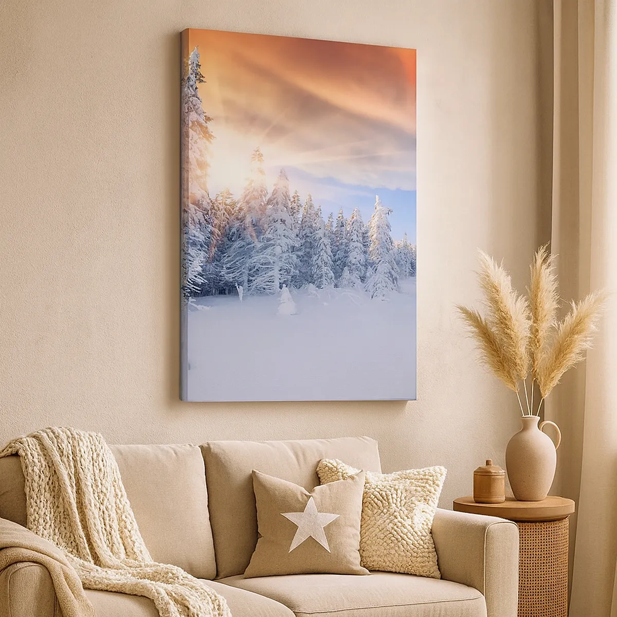 Bild auf Leinwand - Leinwandbild - Winterlandschaft mit schneebedecktem Wald bei Sonnenuntergang - 50x70cm - Ein verschneites Naturschauspiel - Moderne Wanddekoration für Wohnzimmer und Schlafzimmer ARTTOR