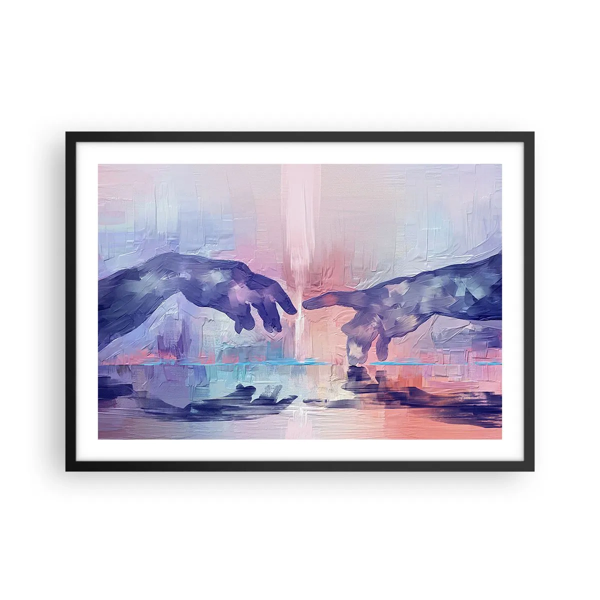 Poster in einem schwarzem Rahmen - Symbolische Hände in abstrakten Farben, die auf das Thema der Schöpfung verweisen - 70x50cm - Göttlicher Funke des Lebens - Moderne Wanddekoration für Wohnzimmer und Schlafzimmer ARTTOR