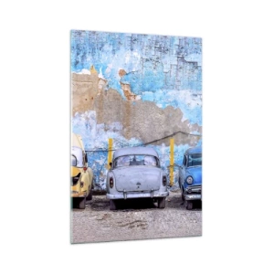 Glasbild - Bild auf glas - Alte Autos vor dem Hintergrund einer zerstörten Mauer - 70x100cm - Treffen der Veteranen - Moderne Wanddekoration für Wohnzimmer und Schlafzimmer ARTTOR