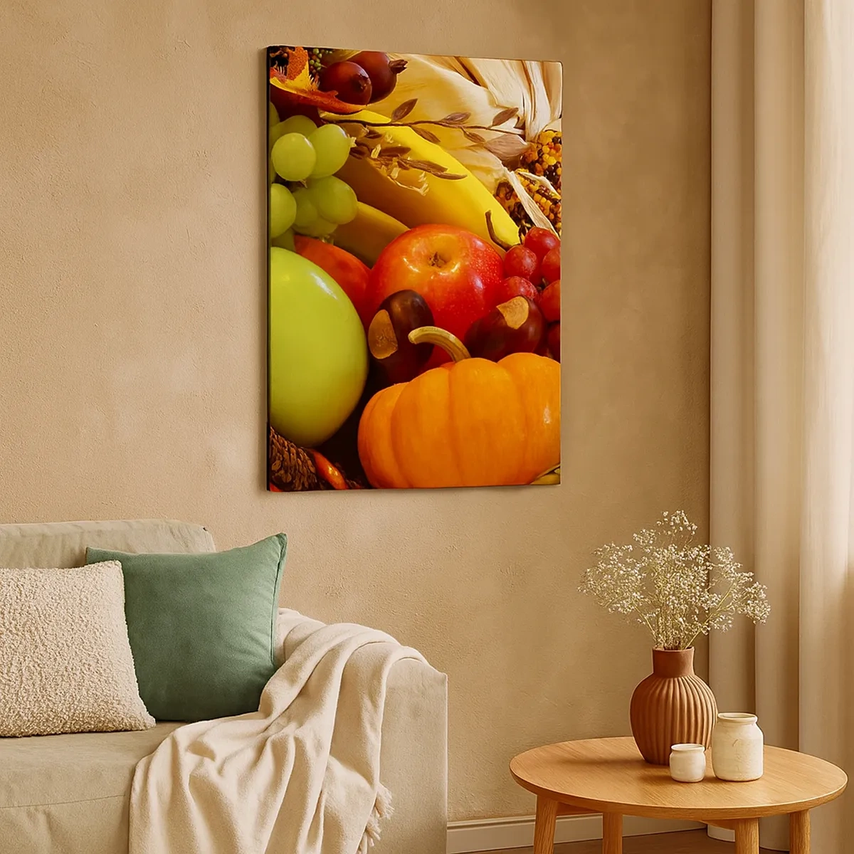 Bild auf Leinwand - Leinwandbild - Ein Korb mit Obst, Kürbissen und Mais vor einem Hintergrund aus Herbstfarben. - 50x70cm - Ein Korb voller Ernte - Moderne Wanddekoration für Wohnzimmer und Schlafzimmer ARTTOR