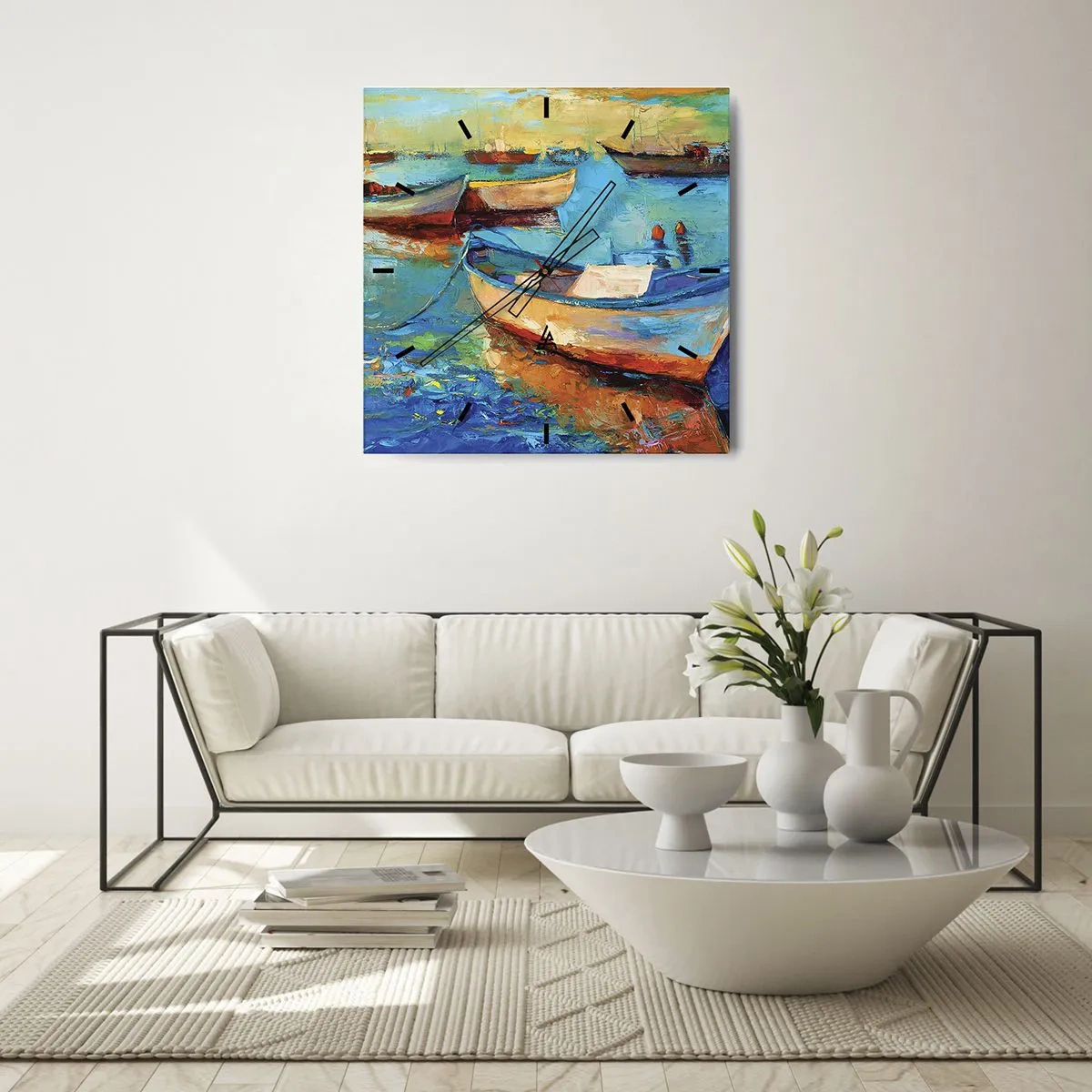 Wanduhr - Glasuhr - Bunte Boote vertäut auf ruhigem Wasser - 30x30cm - In der südlichen Bucht - Moderne Wanddekoration für Wohnzimmer und Schlafzimmer ARTTOR