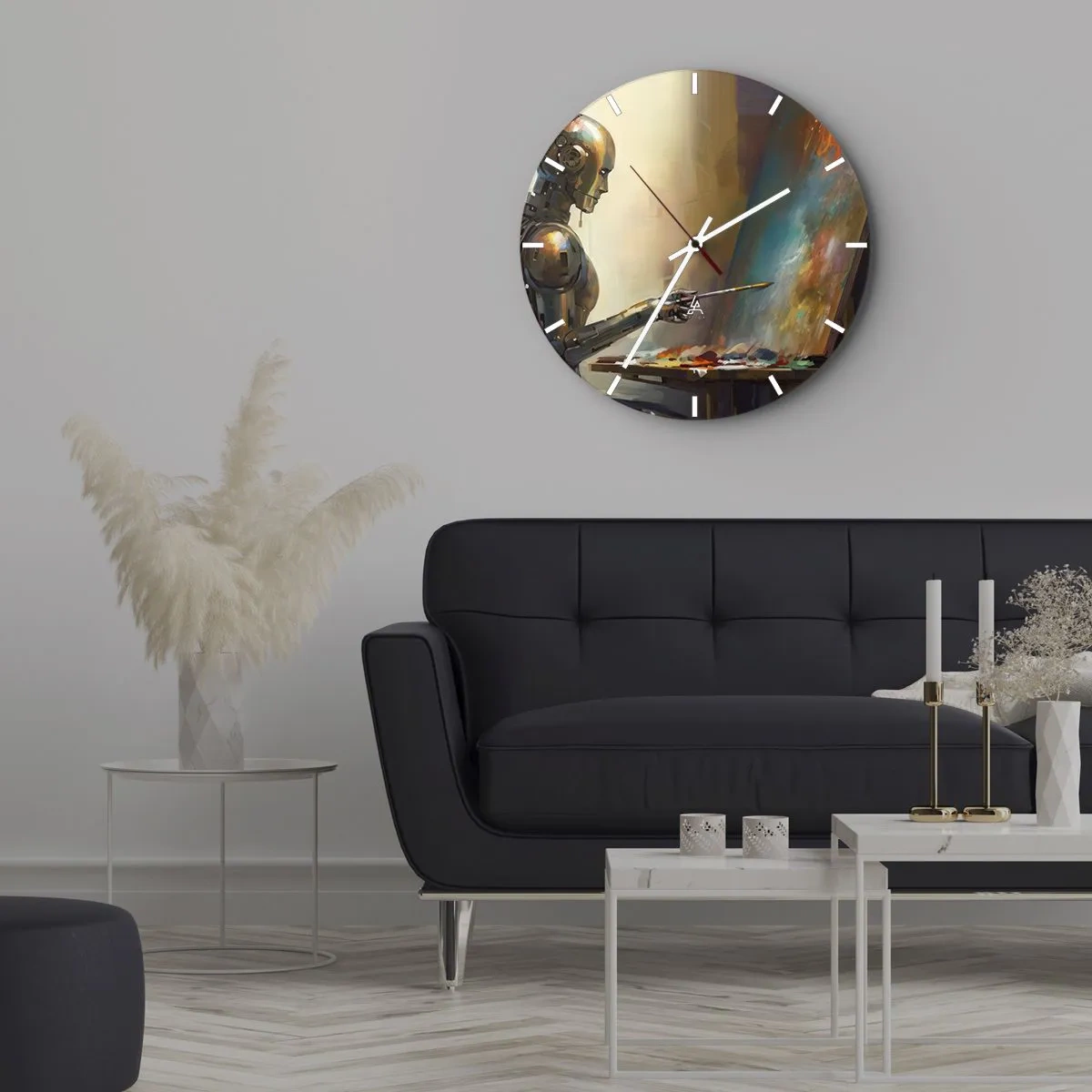 Wanduhr - Glasuhr - Ein Roboter malt ein Bild auf einer Staffelei - 30x30cm - Die Kunst der Zukunft - Moderne Wanddekoration für Wohnzimmer, Küche und Schlafzimmer ARTTOR