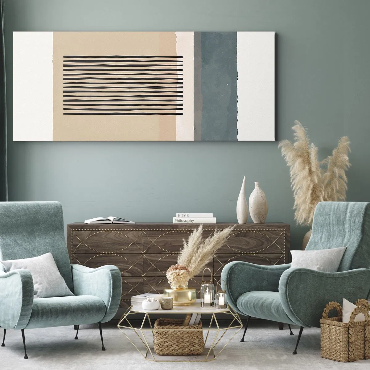 Bild auf Leinwand - Leinwandbild - Minimalistische geometrische Formen in Beige- und Grüntönen - 120x50cm - Alles ist in Ordnung - Moderne Wanddekoration für Wohnzimmer und Schlafzimmer ARTTOR