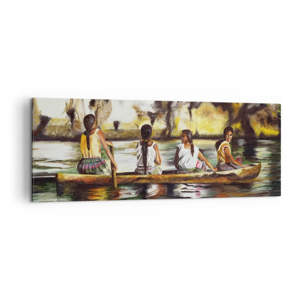 Bild auf Leinwand - Leinwandbild - Frauen in einem Boot auf einem ruhigen Fluss mit malerischer Kulisse - 140x50cm - In einem polynesischen Paradies - Moderne Wanddekoration für Wohnzimmer und Schlafzimmer ARTTOR