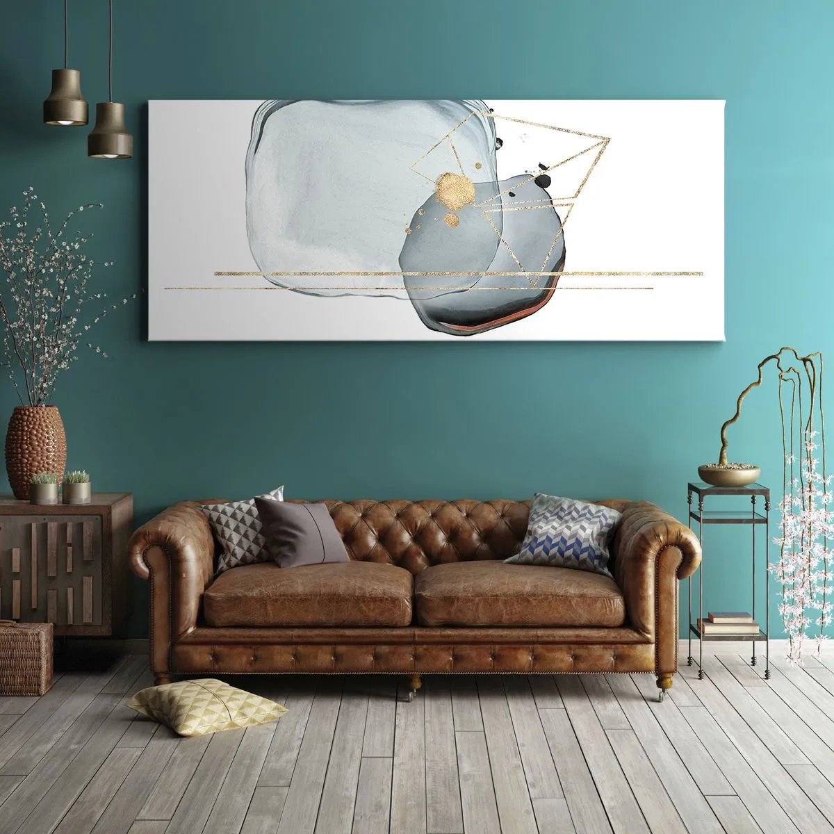 Bild auf Leinwand - Leinwandbild - Abstrakte Formen in Blau- und Goldtönen auf weißem Hintergrund - 160x50cm - Eine Studie über Tropfen - Moderne Wanddekoration für Wohnzimmer und Schlafzimmer ARTTOR