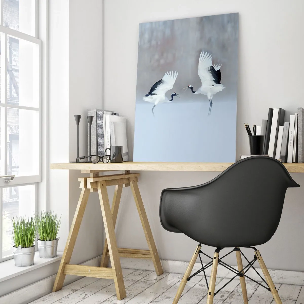 Glasbild - Bild auf glas - Zwei Kraniche tanzen in einer nebligen Landschaft - 70x100cm - Tanz im Nebel - Moderne Wanddekoration für Wohnzimmer und Schlafzimmer ARTTOR