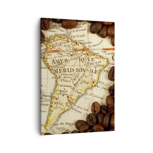 Bild auf Leinwand - Leinwandbild - Eine Karte von Südamerika, umgeben von Kaffeebohnen. - 50x70cm - Woher kommt der beste Kaffee? - Moderne Wanddekoration für Wohnzimmer und Schlafzimmer ARTTOR