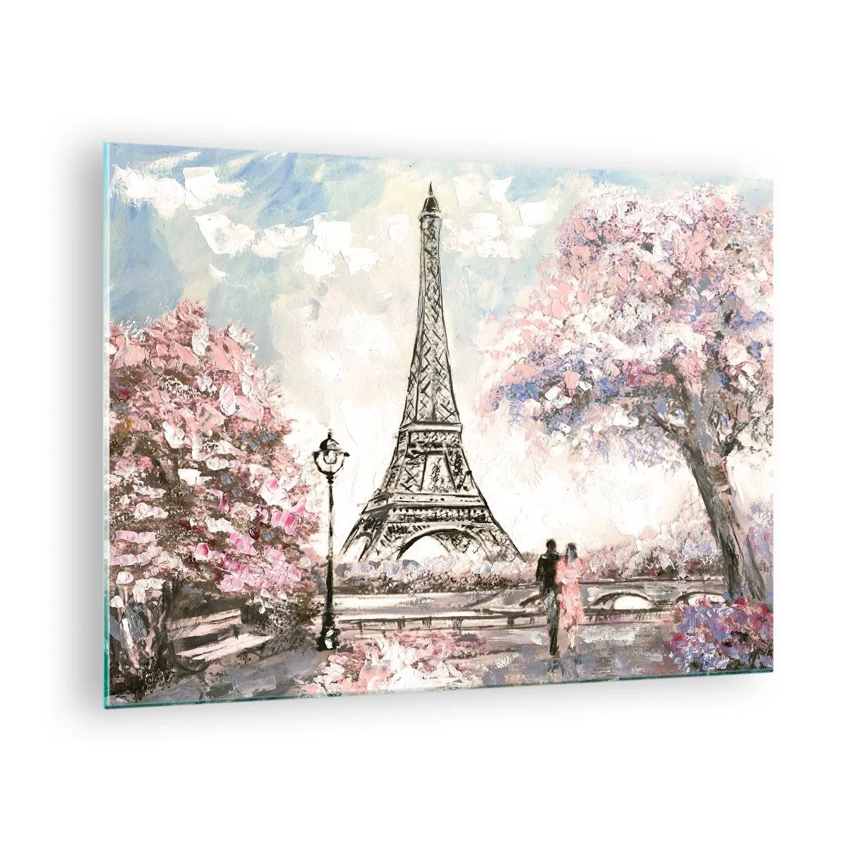 Glasbild - Bild auf glas - Illustration des Eiffelturms in einer Frühlingskulisse - 70x50cm - Aprilspaziergang durch Paris - Moderne Wanddekoration für Wohnzimmer und Schlafzimmer ARTTOR