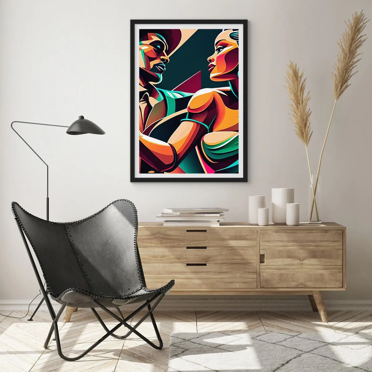 Poster in einem schwarzem Rahmen - Bunte Illustration eines Paares, das Tango im Pop-Art-Stil tanzt - 50x70cm - Im Rhythmus des Herzens - Moderne Wanddekoration für Wohnzimmer und Schlafzimmer ARTTOR