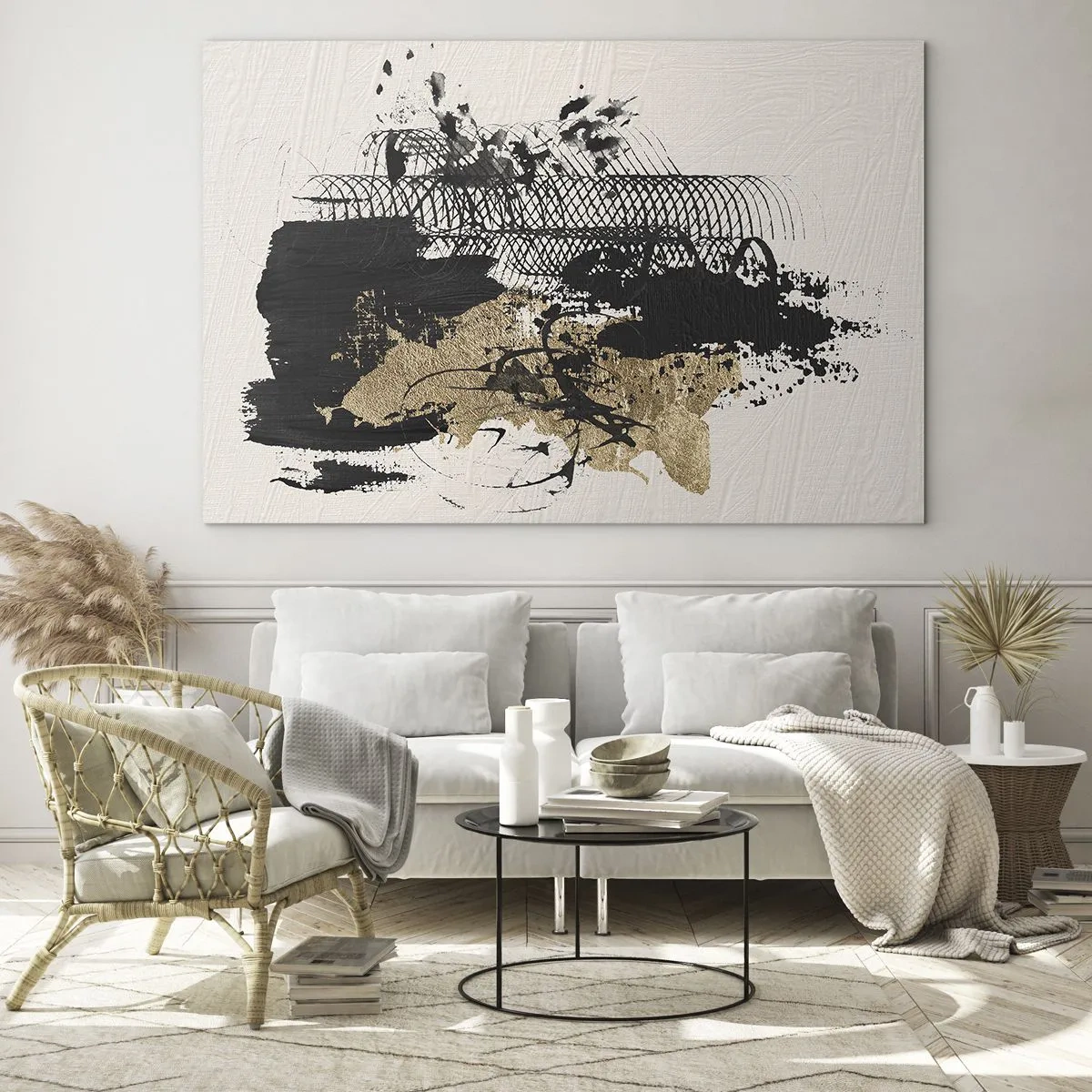 Glasbild - Bild auf glas - Abstrakte Komposition in Schwarz und Gold auf hellem Hintergrund - 100x70cm - Komposition mit Leidenschaft - Moderne Wanddekoration für Wohnzimmer und Schlafzimmer ARTTOR