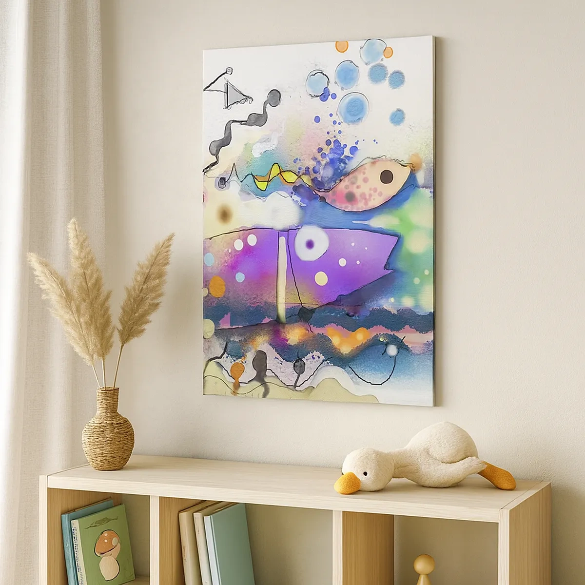 Bild auf Leinwand - Leinwandbild - Abstrakter Fisch in einer farbenfrohen, surrealen Komposition - 50x70cm - Es fehlen die Worte! - Moderne Wanddekoration für Wohnzimmer und Schlafzimmer ARTTOR